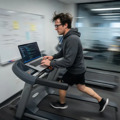 A developer coding while sprinting on a treadmill: fast execution that moves the system nowhere.