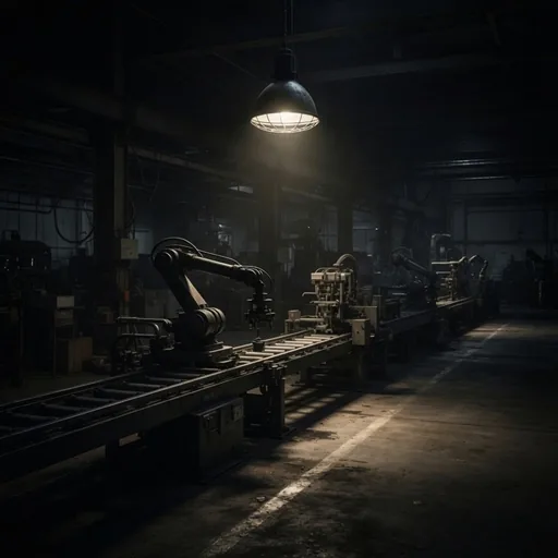 A lights-out factory line under a single lamp, like delivery running on automation no one is watching.