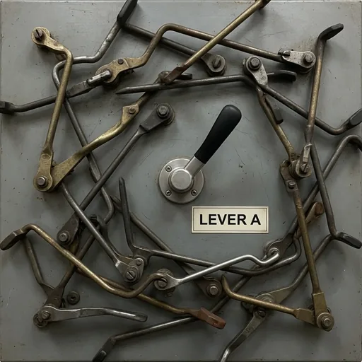 One clear control in a tangle of unlabeled levers, like a deploy path only the initiated can find.