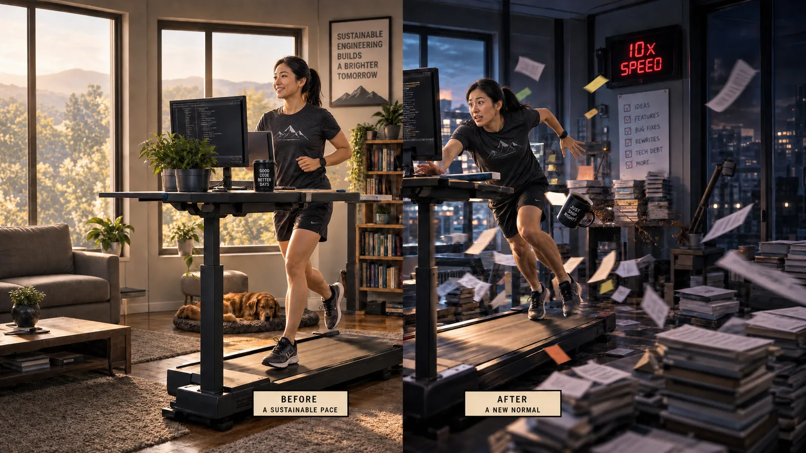 The same developer, a woman with her hair tied back, at the same treadmill desk twice. On the left, labeled Before, a sustainable pace in a sunny home office with a dog asleep on the rug. On the right, labeled After, the belt at 10x speed under a red sign, papers flying, a coffee mug going over, and a checklist of ideas, features, bug fixes, rewrites and tech debt now expected as the new normal.