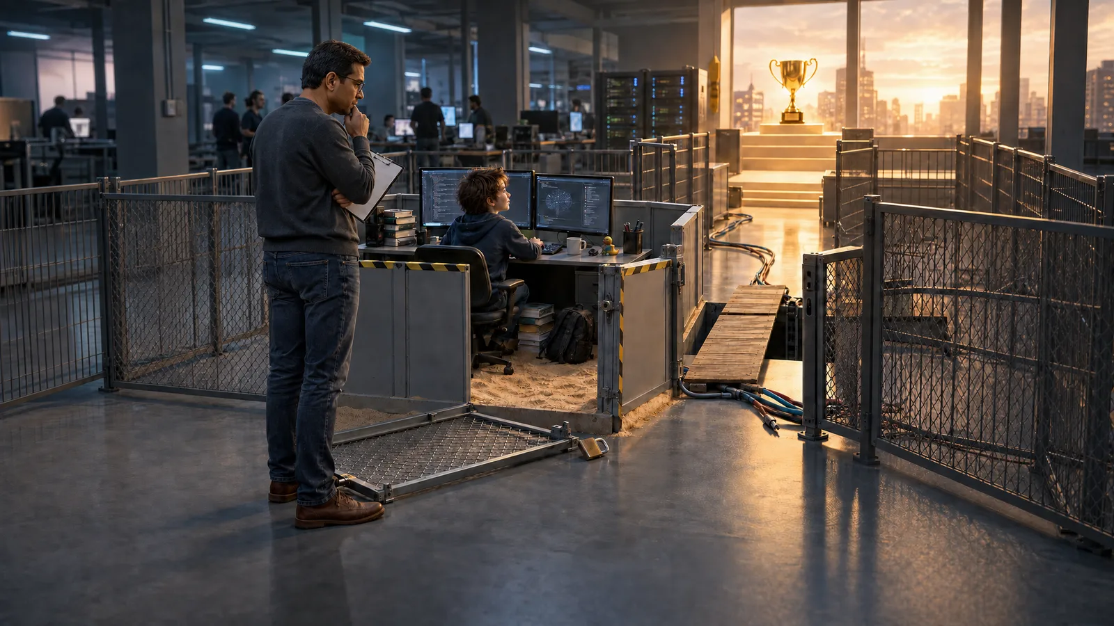 A wide office floor at sunset. A kid works at two monitors inside a literal sandbox, one gate panel lying flat with its padlock open and a plank leading out across the floor toward a trophy lit in the window. A man with glasses and a clipboard stands outside the fence watching, while engineers work at desks in the background.