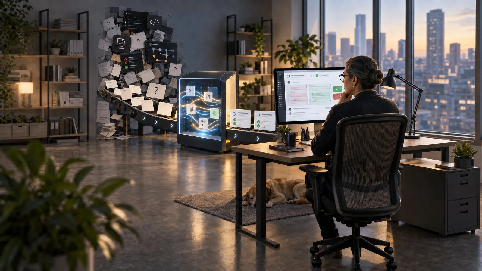 A wide, quiet office at dusk. On the left a wall of raw tickets and question marks feeds a conveyor into a glowing agent cabinet, and drafted changes come out the other side toward the desk. At the desk a woman with grey-streaked hair in a bun reviews the result on her monitor, city lights through the window and a dog asleep on the rug.