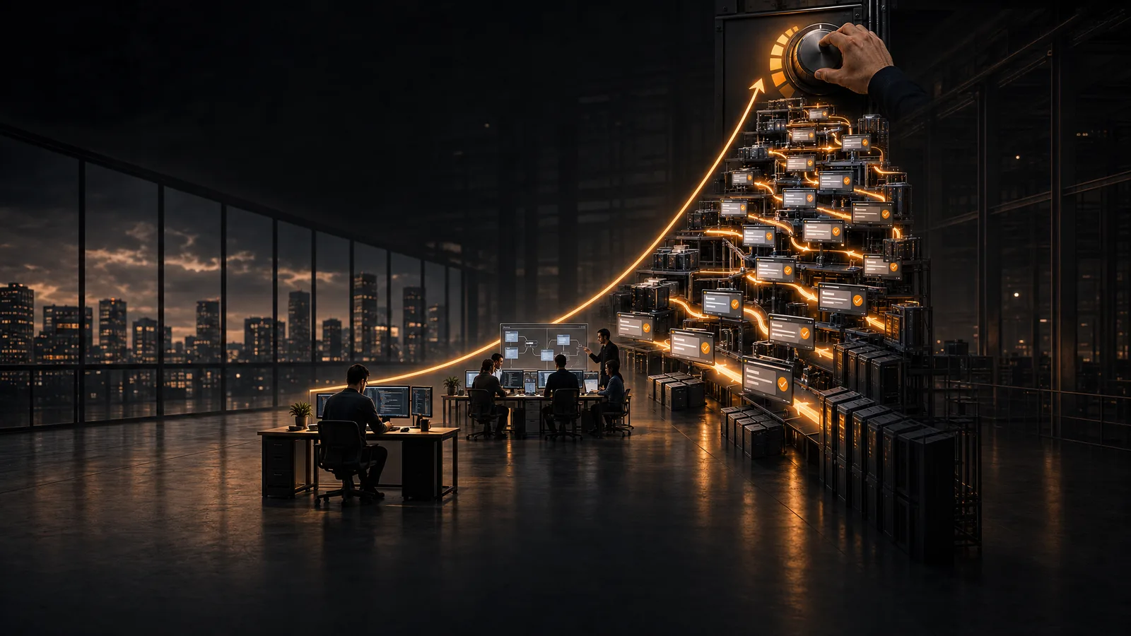 A dark, wide office at night with a city skyline through the glass. A glowing curve starts at a single desk, rises past a small team at a whiteboard, and climbs into a towering stack of machines turning out approved work, where a hand turns the dial at the top. The output rises with the setting, and someone is choosing it.
