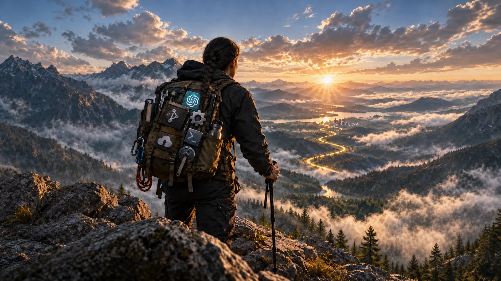 A hiker with brown skin and a long dark braid stands on a rocky summit at sunrise, looking out over mountains and a valley filled with clouds. Her pack carries the usual kit, a wrench, a terminal and a cloud badge, with a glowing AI patch strapped on beside them. The new tool rides with the rest of the gear, and the person still picks the route.