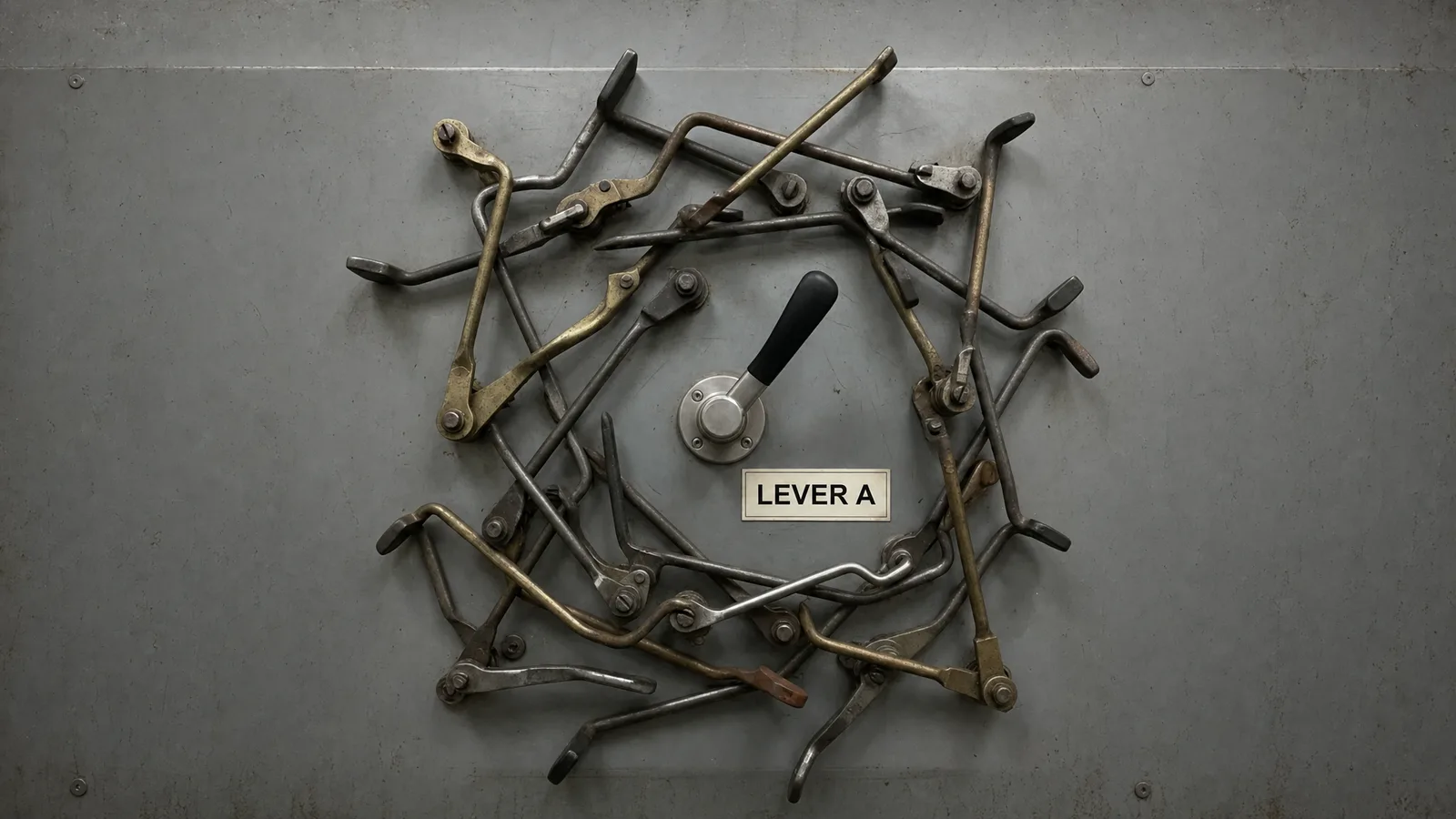 A single black-handled lever labeled Lever A, mounted on a bare steel wall and surrounded by a tangle of old, unlabeled levers and linkages. It is one clear control among many, like a deploy path only the initiated can find.