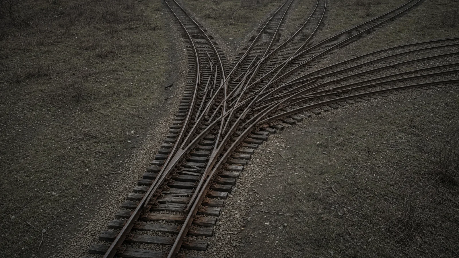 A single railroad track seen from above, splitting at a junction into a fan of diverging tracks that spread across bare ground. It is like the hidden cost of switching context.