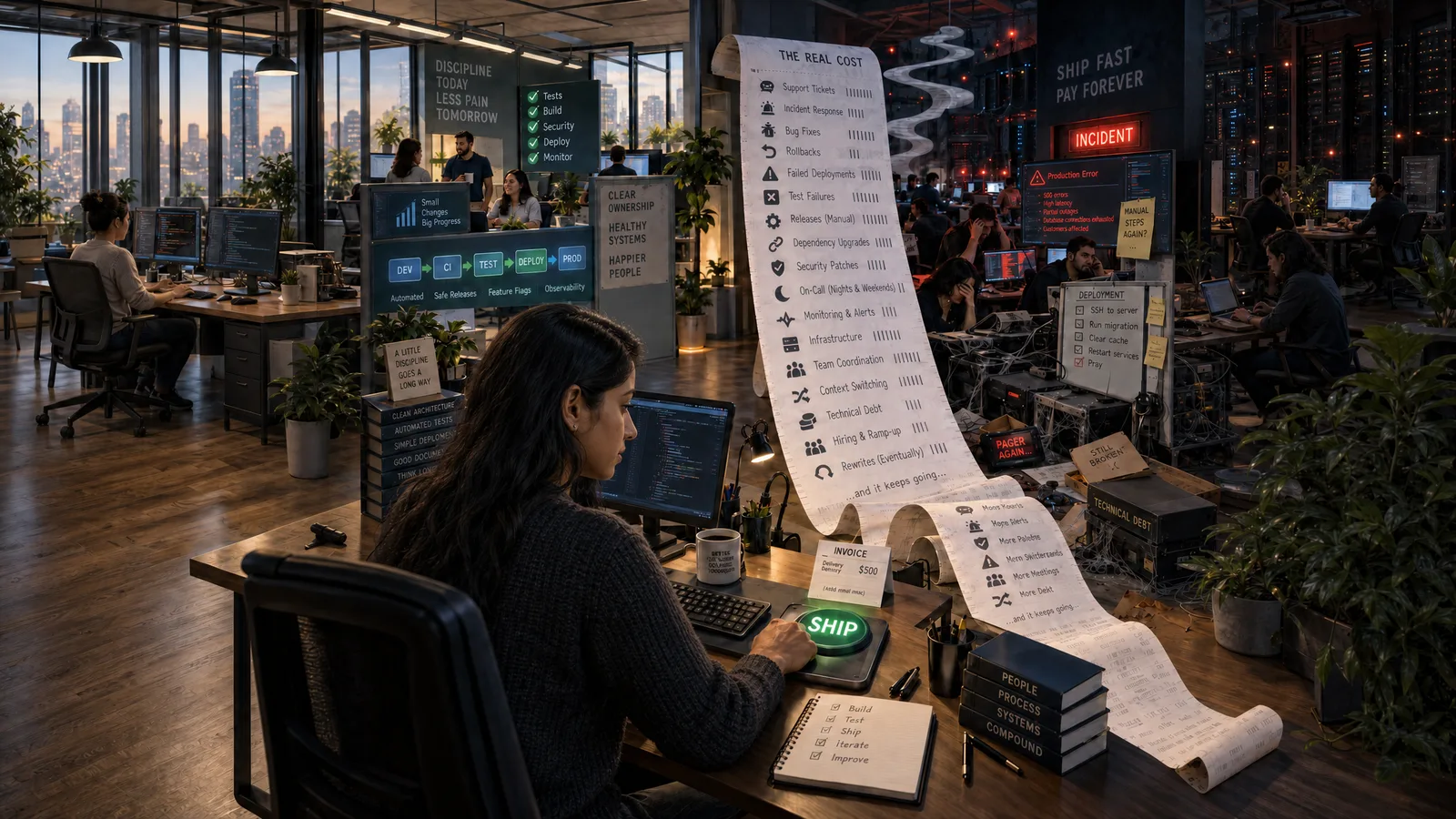 A busy engineering floor at dusk. In the foreground, a woman with long dark hair presses a green SHIP button beside a $500 invoice while a receipt headed The Real Cost unrolls past her desk: support tickets, incident response, rollbacks, failed deployments, on-call nights and weekends, context switching, technical debt, and it keeps going. On one side a calm team works under signs about discipline, and on the other an incident is in progress under a sign reading Ship Fast, Pay Forever.