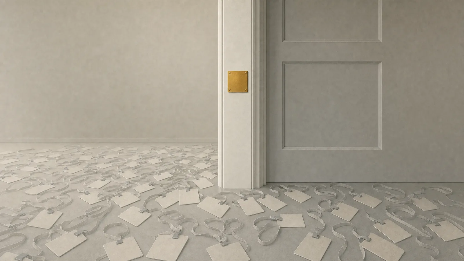 A quiet off-white room where a single brass plaque is bolted to a door frame, the one fixed point in the scene, while the floor in every direction is covered edge to edge with identical blank visitor badges and their tangled lanyards.