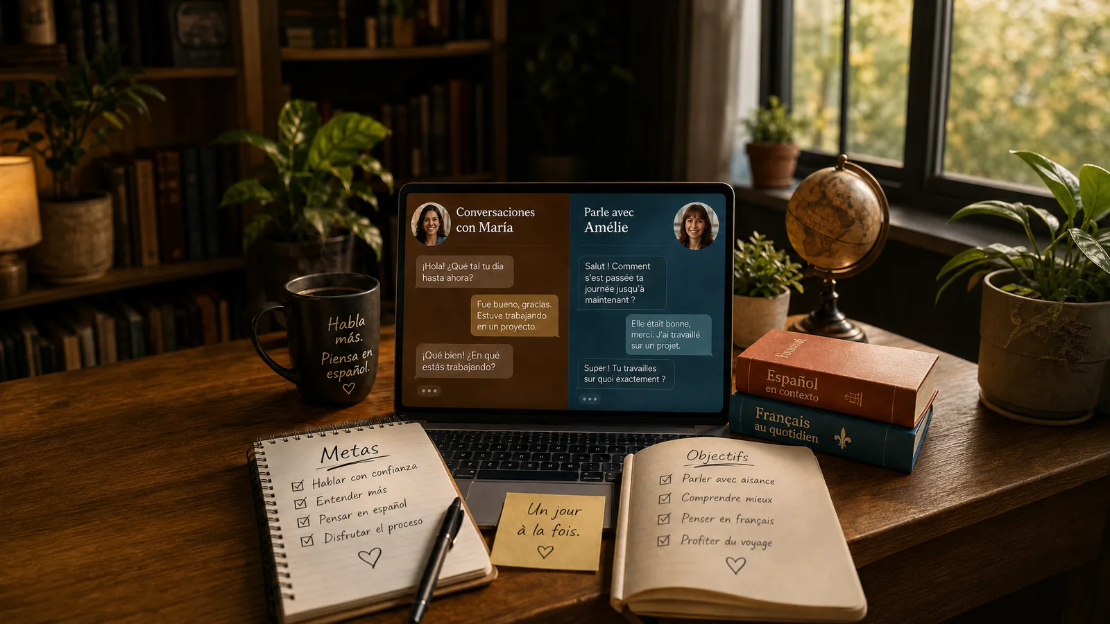 A warm desk by a window at golden hour. A laptop shows two chat threads side by side, Conversaciones con María in Spanish and Parle avec Amélie in French. Around it sit a mug reading Habla más, piensa en español, two open notebooks of goals titled Metas and Objectifs, a sticky note reading Un jour à la fois, Spanish and French textbooks, a globe, and houseplants.