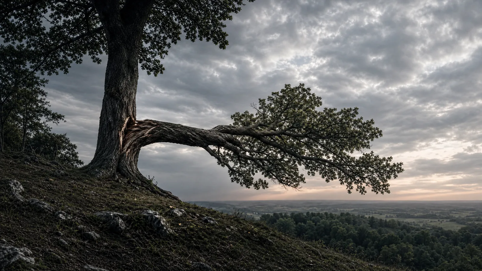 An old tree on a hillside under a grey sky, one branch grown so long and heavy that it cracks and tears away from the trunk as it reaches out over the valley.