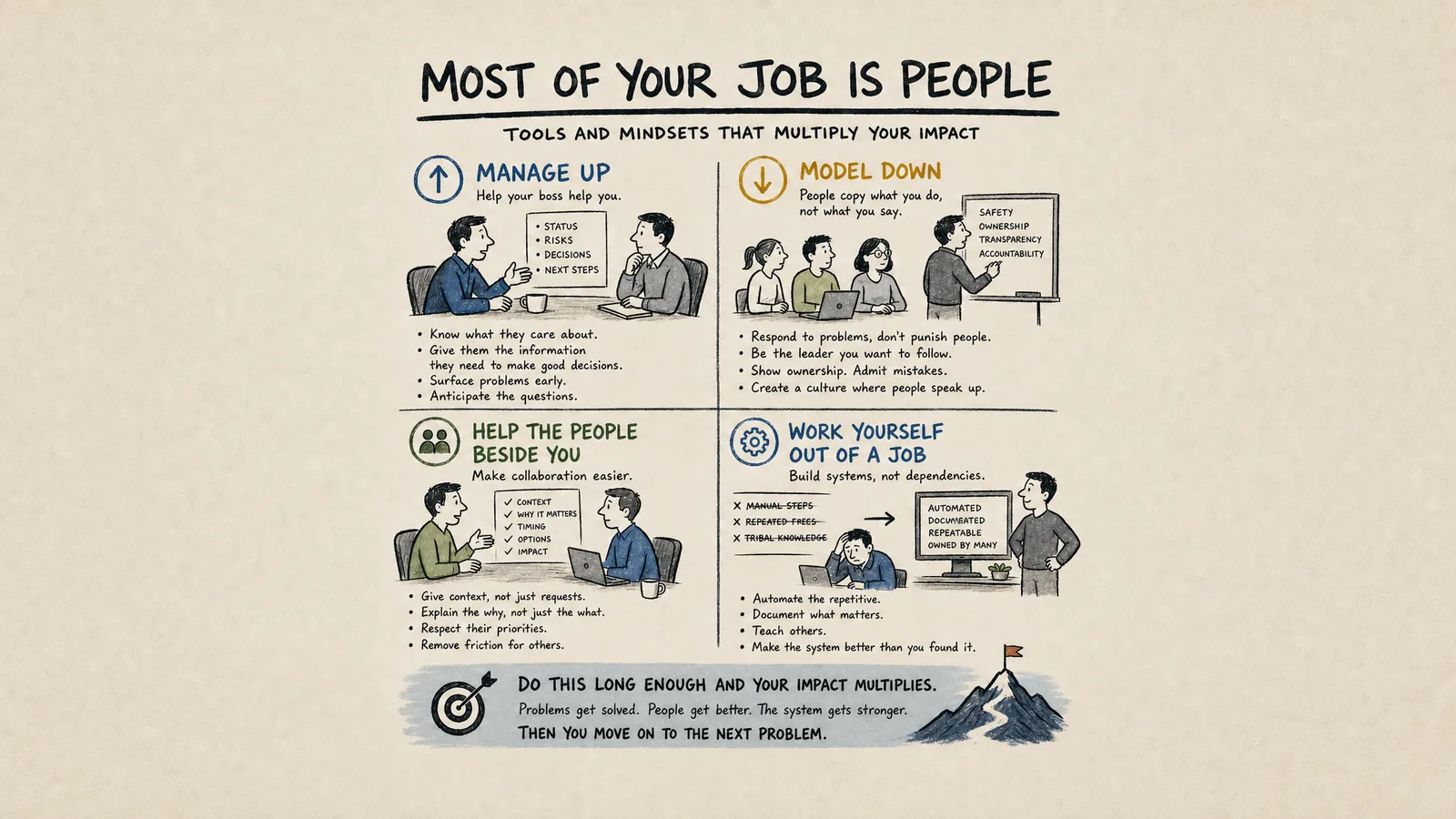 A hand-drawn poster on warm paper titled Most of Your Job Is People, with four panels: manage up, model down, help the people beside you, and work yourself out of a job. Each panel has a small sketch and a short list, and a banner along the bottom reads Do this long enough and your impact multiplies.