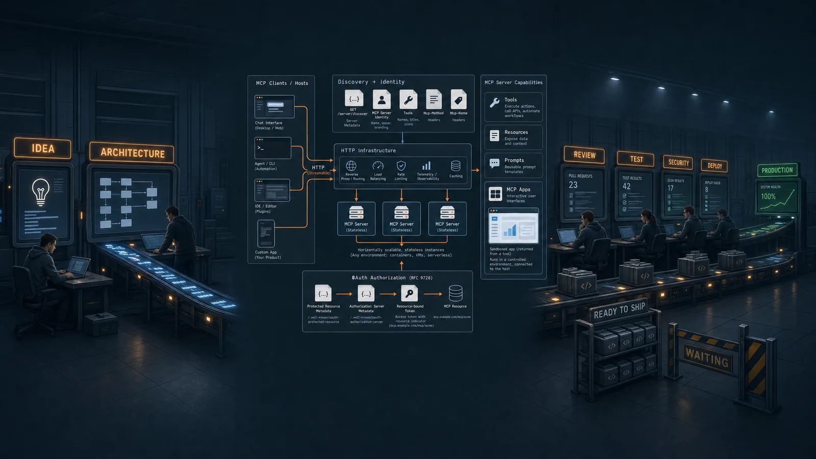 A dark control floor built around an architecture map of a modern MCP server: clients and hosts, discovery and identity, HTTP infrastructure, stateless server instances, capabilities, and OAuth authorization. On the left, workstations labeled Idea and Architecture feed in; on the right, people work through Review, Test, Security and Deploy stations, with a Ready to Ship rack held behind a Waiting barrier and Production glowing green at the end.
