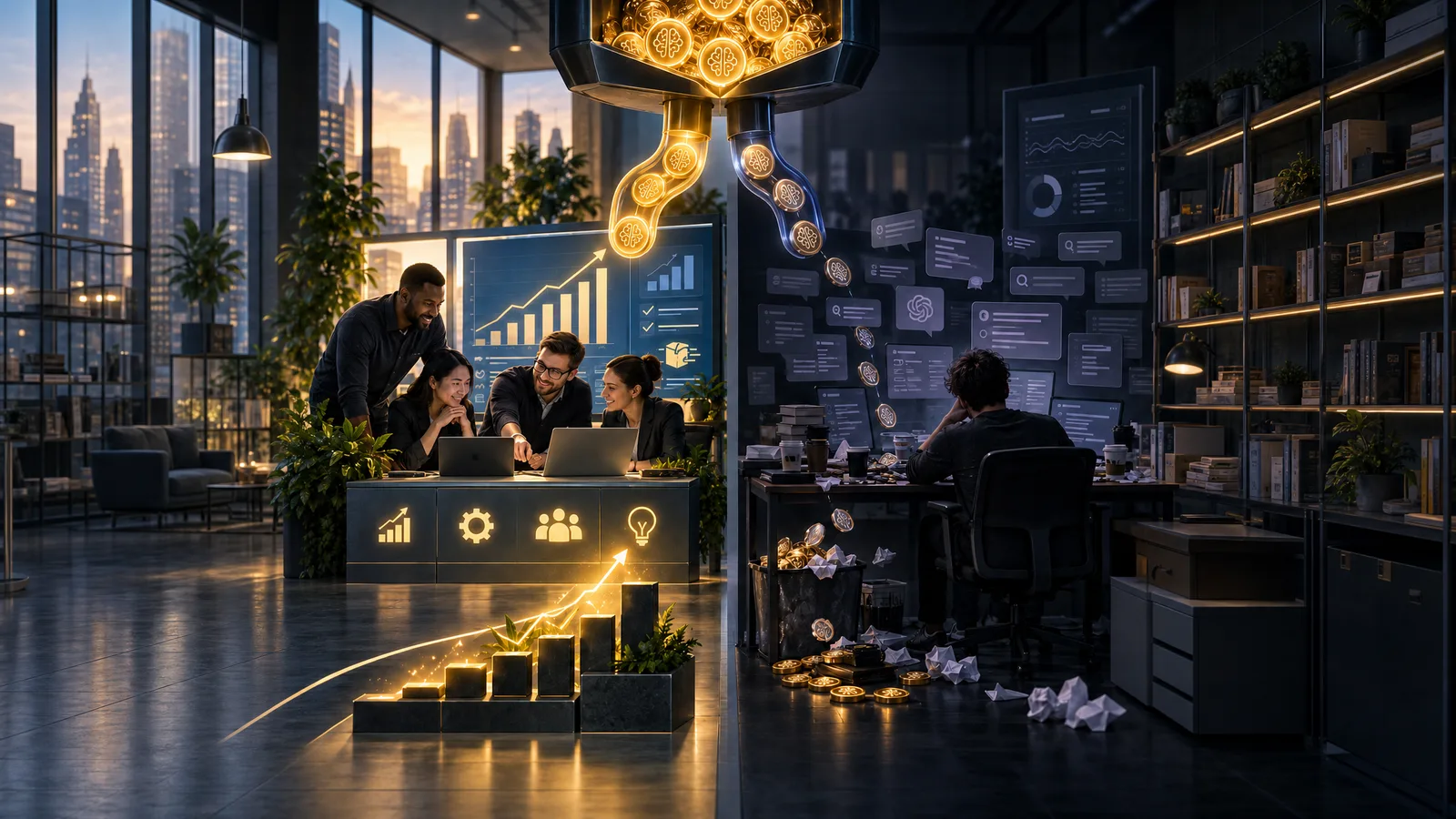 A wide office split down the middle under one hopper of glowing tokens. On the left, a team gathers around laptops beneath a rising revenue chart, and golden steps climb along the floor. On the right, the same tokens trickle past a wall of chat windows to a lone engineer slumped at a cluttered desk, coins and crumpled paper spilling from the bin. Identical budgets, and only one side bought anything.