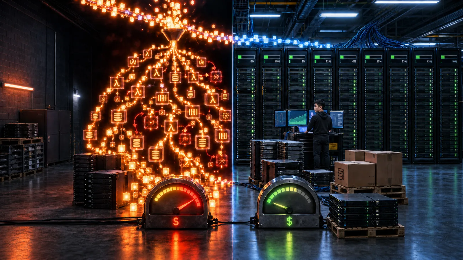 A split scene. On the left, a serverless fan-out of glowing functions, queues and retries pours down over its servers, and the cost dial below is pushed into the red. On the right, rows of racks sit at 8 to 22 percent utilization with a green dial, pallets of spare hardware, and one operator at the console. Two different ways to pay, one metering every call and the other paying for capacity nobody is using.