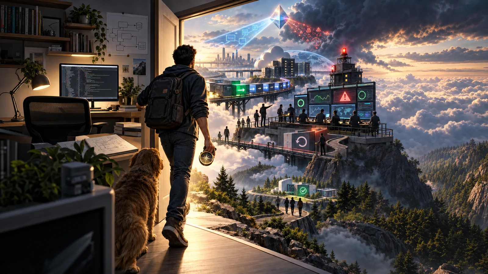 A door opens from a small home office, and the engineer steps through holding a compass, a dog at his side. Beyond it is everything that happens after the code ships: containers crossing a bridge into a city of running services, a team watching dashboards on a cliffside platform, a rollback ramp curving away, alerts in the sky on one side and a green-checked site below.