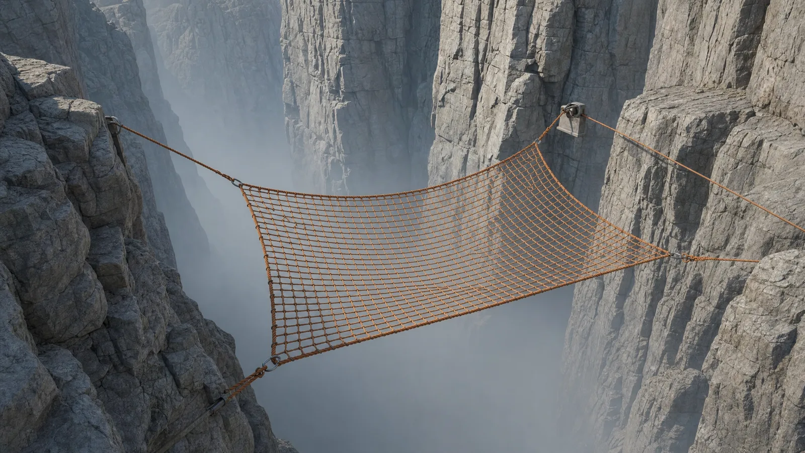 An orange safety net strung taut across a deep, misty gorge between sheer rock walls, anchored to the cliffs on both sides. It is like the undo that catches a mistake before it lands.
