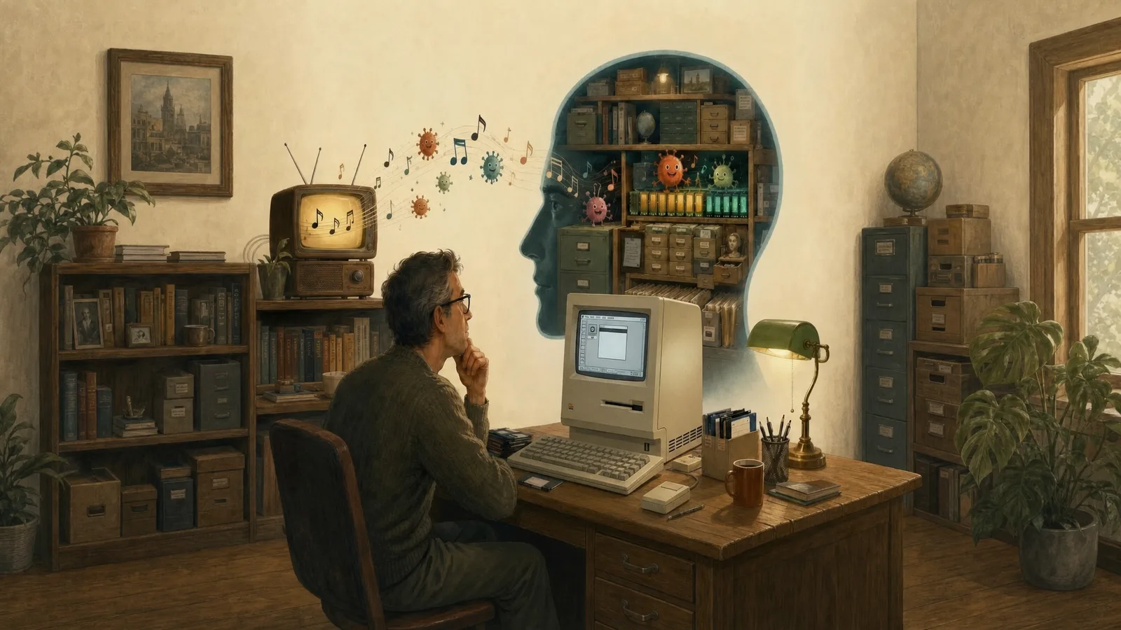 A bespectacled man sits at a wooden desk with a beige vintage Macintosh, floppy disks, and a green banker's lamp, chin in hand, gazing at a head-shaped cutaway on the wall that is packed floor to crown with filing cabinets, archive boxes, ledgers, and shelves, his memory palace. A retro television beside him glows with music and sends a staff of notes and cheerful cartoon virus characters floating across the room into the head: the jingles and theme songs that infect long-term storage and never uninstall.
