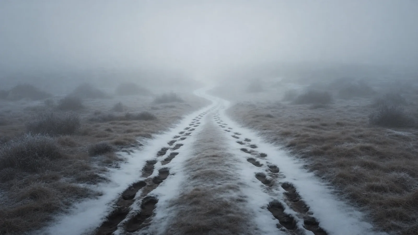 Two trails of footprints run side by side through frosted grass and patches of snow, winding off into thick fog. It is like walking the path that led to someone else's decision.