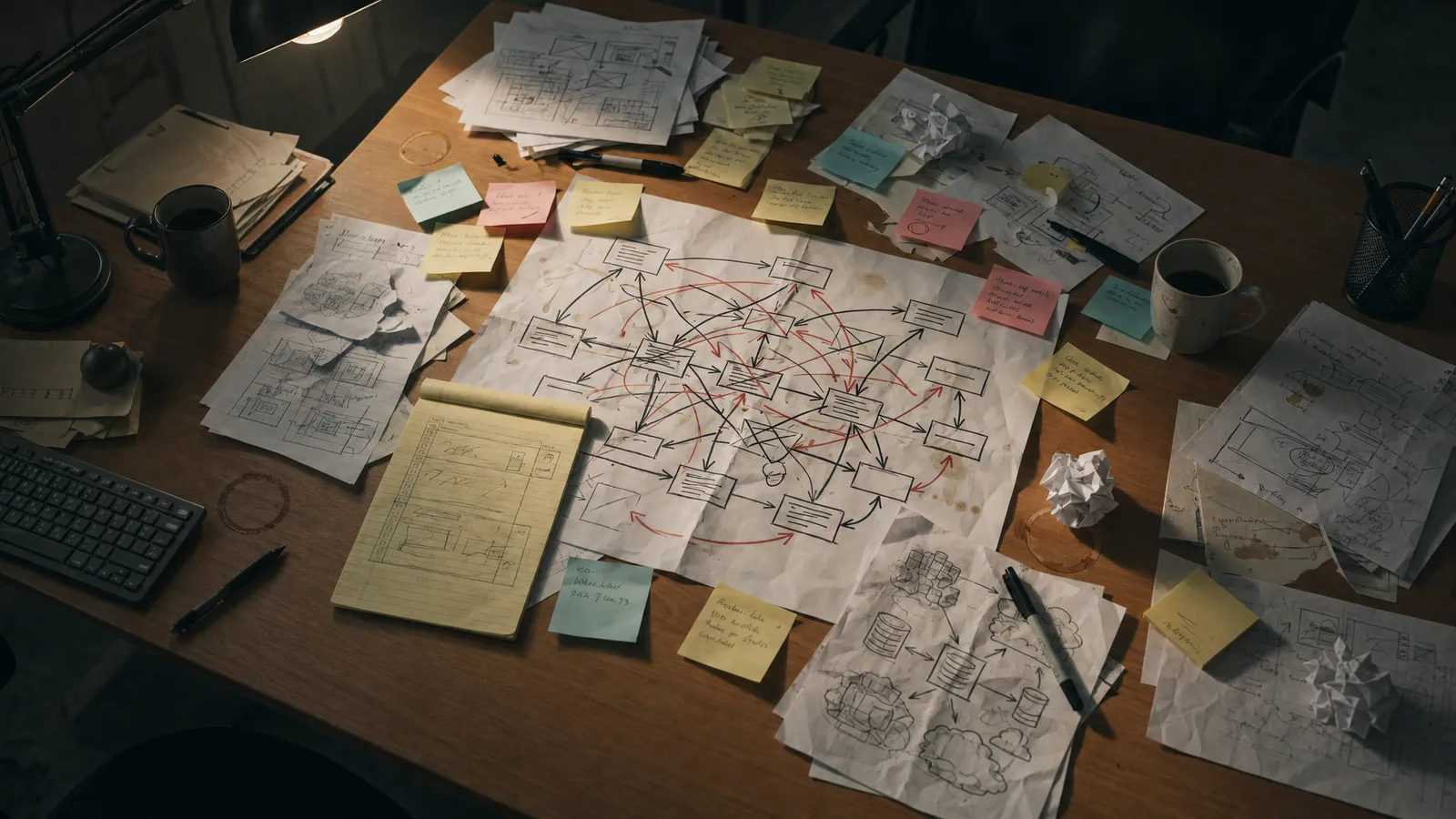 A wide wooden desk under a lamp, buried in a tangled architecture diagram with red arrows, sticky notes, coffee rings, crumpled paper, and pages of sketched wireframes and server drawings, with a keyboard and pencil cup at the edges. It is the kind of undocumented system AI is asked to infer from a vague ticket.